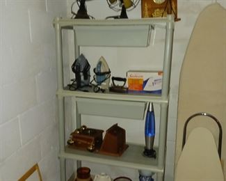 Antique table fans, lava lamp, clothes irons
