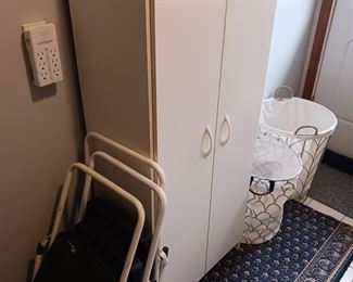 Three small step stools, laundry organizer cabinet