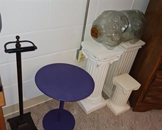 Purple pedestal table, five gallon glass piggy bank