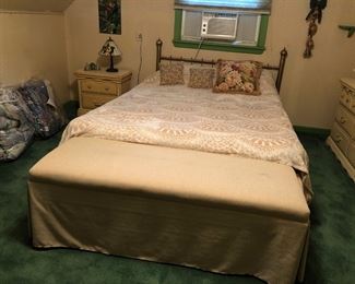 Queen Bed w/ Brass Headboard, Nightstand, Bench