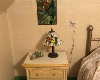 Nightstand, Tiffany Style Lamp & Wall Hanging