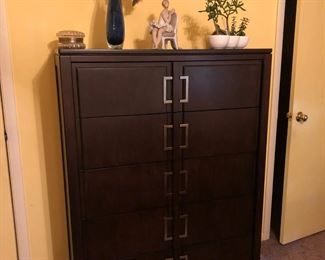 Bed Room Furniture: Queen Bed w/ Power Mattress & Boxspring, Pair of Nightstands, Dresser w/ Mirror, Chest of Drawers & Long Chest