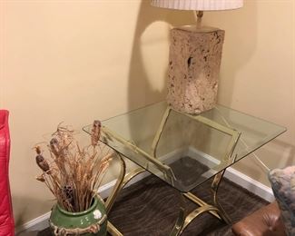 Glass & Brass side Table, Lamps