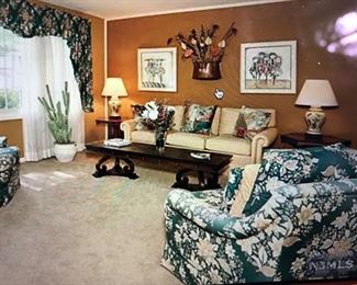 Drexel Heritage Sofa, Slate Top Coffee, Side Tables, Pair of Floral Chairs, Pair of Lamps