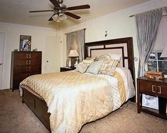 Bed Room Furniture: Queen Bed w/ Power Mattress & Boxspring, Pair of Nightstands, Dresser w/ Mirror, Chest of Drawers & Long Chest