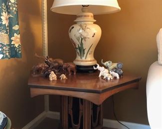 Pair of Mid Century Modern Side Tables, Lamps, Elephants