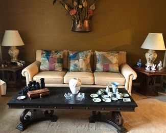 Drexel Heritage Sofa, Slate Top Coffee Table, Binoculars, Inlaid Music Box, Wedgwood Jasperware
