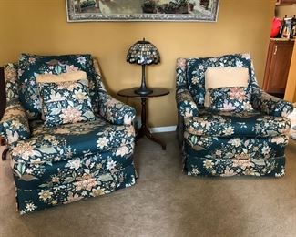 Pair of Vintage Floral Chairs, Accent Table, Tiffany Style Lamp