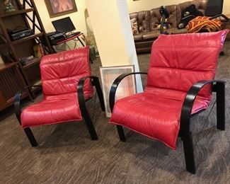 Pair of Vintage Ikea Polhem Black Lacquered Bentwood Chairs w/ Red Leather Seats