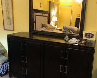 Bed Room Furniture: Queen Bed w/ Power Mattress & Boxspring, Pair of Nightstands, Dresser w/ Mirror, Chest of Drawers & Long Chest