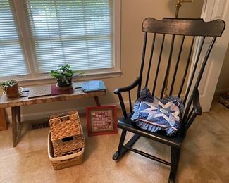 Early Windsor Rocking Chair; so many baskets; and a cool bench!