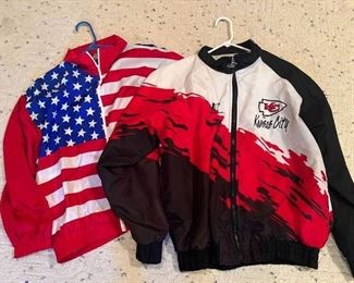 (L) Vintage Logo Athletic Chiefs Windbreaker and (L) American Flag Wind Breaker