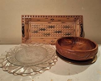 (5) Piece Decorative Serving Dishes Set ( Brass Tray, Wooden Bowl, Fostoria Cheese Tray, Tin Center Piece Tray)