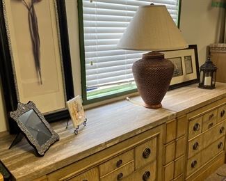 Drexel Oversized night stands $500 each, Brown Wicker Lamp $35, picture frame $, battery operate lantern $