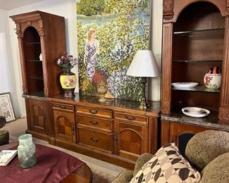 2 Storage towers $150 each, Buffet $250, Art $125, Vase $ Lamp $25, FL State Pitcher, chip and dip plate, platter