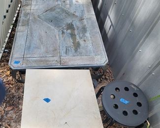 Metal coffee table rectangle, very heavy $45, Plant stand $25, Black plastic plant stand $10 each