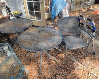 2 metal round tables $35 each, 4 metal chairs $25 each, walker $15