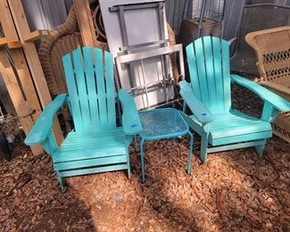 2 Teal Patio chairs $15 each, Teal metal table $8