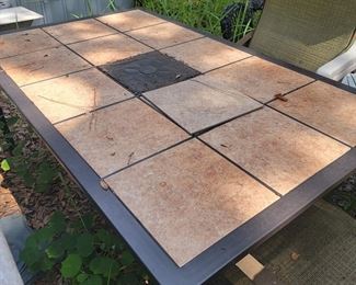 Tile Top Metal Patio Table $75, 6 brown chairs $120