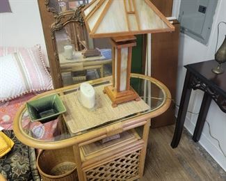 Rattan glass top side table $45, Iridescent Brown Lamp $35, Mirror $