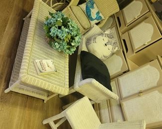 White wicker coffee table $45, Bench $45, Chair $35, Arm Chair $45, magazine rack $15