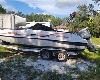 2001 22ft Hurricane deck boat has new batteries 2023 aMay New batteries, fresh gas with stabilizer
2020 new bunk brackets and boards, annual check all lights work by Tony's moble marine
2019 Trailer New axes, leaf springs, new motor static bar and put $2400 into work on motor
2018 seats redone but need to be cleaned
Issues are - the window in the head needs to be fixed, as well as the fabric lining.
Selling as is does need some work. 2001 Yamaha 150 2 stroke motor. $7500 or best offer.