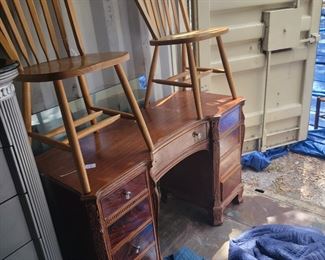 2 wood chairs $25 each, desk $35 wood as is, missing handles, has scratches.