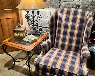 Plaid wing back chair, iron and glass, side table, table lamps