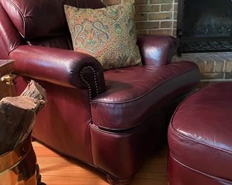 Leather burgundy chair with ottoman