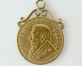 8.6 Grams Fine 1897 91.7% Gold South Africa Republic 1 Pond Coin In 9K Pendant
