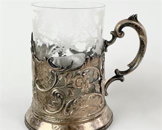 214 Grams Fine Russian 84 Silver Filigree Podstakannik Glass Holder & Etched Frosted Glass
