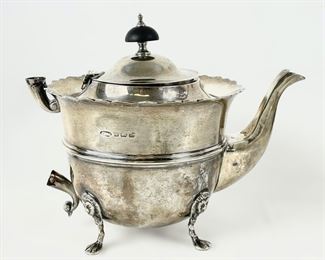399 Grams Fine JW & S Sterling Silver 6Ó Teapot W/ Footed Lions Paw, missing handle
