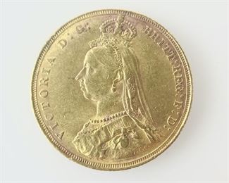 1887 Victoria Jubilee Head 91.6% Gold Sovereign Coin, 7.9 Grams
