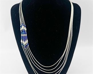 Sterling Silver Lapis Lazuli Five Strand Liquid Silver Necklace 20"
