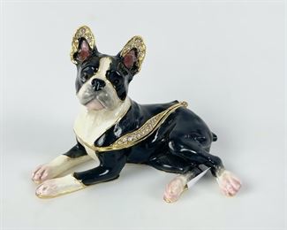 DK Enamel Boston Terrier Dog Rhinestone Trinket Box
