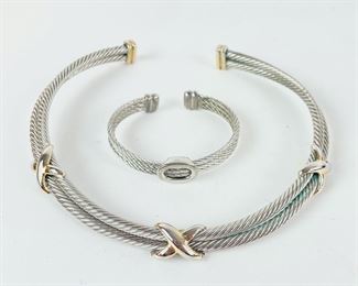 David Yurman Style Silver Tone Cable Choker Necklace & Bracelet
