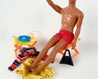 Vintage Mattel Suntan Handsome Hot Barbie Ken Doll W/ Barbie Clothes, Seats, & Telephone
