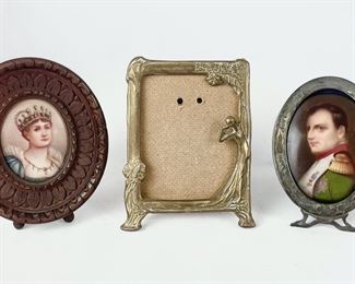 19th C Napoleon Miniature Sterling Frame, Josephine On Porcelain Carved Walnut Frame Portraits & Brass Art Nouveau Frame
