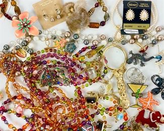 Vintage Costume Jewelry Lot: Monet, Coral Branch Necklace, Faux Pearl, Chicos, Enamel Pin Brooches, JJ, & More!
