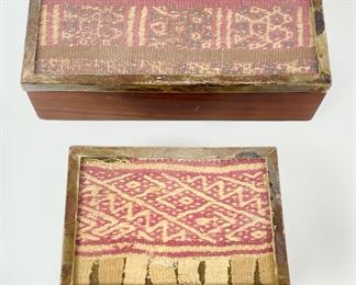 2 Pre Columbian Peru Textile Inserts In Sterling Silver & Koa Wood Trinket Boxes
