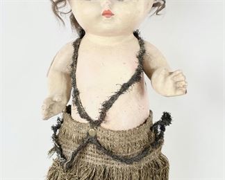 Fantastic RARE Antique Hula Dancer Wind Up Composition 13Ó Doll W/ Google Eyes
