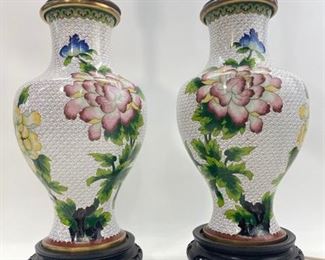 Pair vintage Lovely Asian Cloisonn Vase table lamps on wood bases
