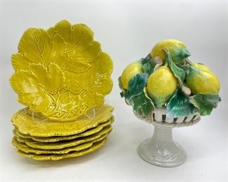 ITALIAN YELLOW MAJOLICA set of 6 WITH Glazed Italian Porcelain Lemons on Compote bowl
