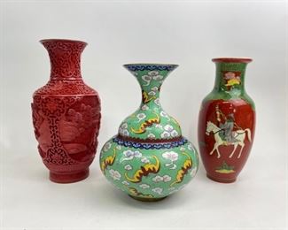1960s Cloisonne & Cinnabar lot-Red CHINESE CARVED CINNABAR Vase ; Antique Japanese Porcelain Vase ; Antique mint green Cloisonne Bud Vase
