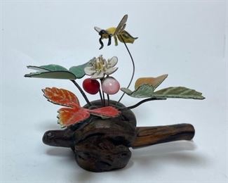 Adorable small Vintage Enamel Bee  Flowers & Wooden Branch
