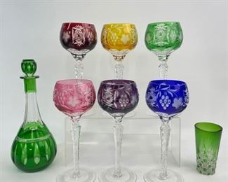 Fine Lovely Cut to clear Crystal Nachtmann Grape Wine Hock set of 6 multicolored Gobelts with Green Cut Crystal Decanter
