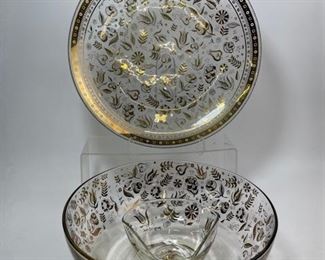 Georges Briard Mid Century Modern MCM Persian Garden Gold Leaf Bowl set Chip&Dip Platter bowl bonus Square Plate
