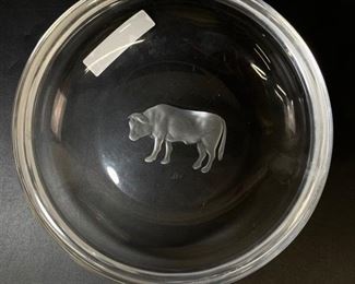 Val Saint Lambert Etched Animal Crystal Zodiac Round Dish Bowl
