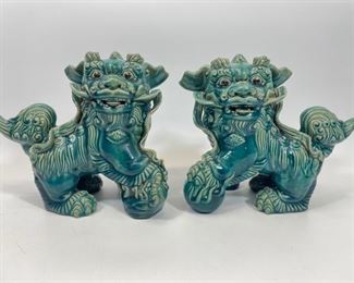 Pair Vintage Glazed Pottery Turquoise Foo Dogs
