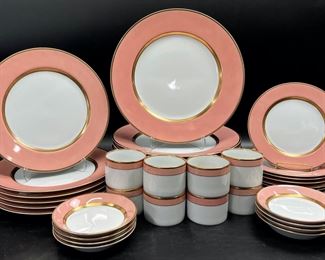 Fitz & Floyd Renaissances Ff26 Japanese Pink and Gold China Plates, Salad Plates, Saucers, and Mugs
